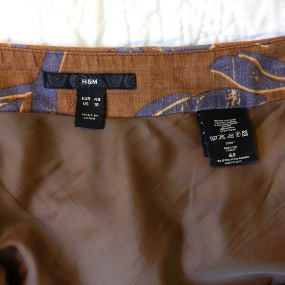 H&M Linen Flared Yoke Skirt Brown & Blue Floral - Picture 9 of 10